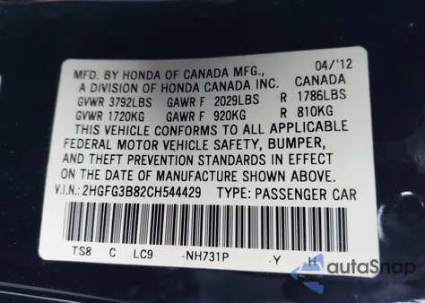 2012 Honda Civic Ex from USA, damaged, VIN 2HGFG3B82CH544429